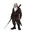 old man with white hair and a beard, wearing a old army cyberpunk outfit and holding a long katana sword in one hand