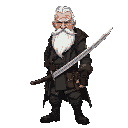 old man with white hair and a beard, wearing a old army cyberpunk outfit and holding a long katana sword in one hand