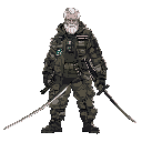 old man with white hair and a beard, wearing a old army cyberpunk outfit and holding a long katana sword in one hand