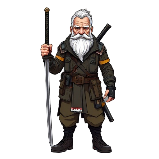old man with white hair and a beard, wearing a old army cyberpunk outfit and holding a long katana sword in one hand