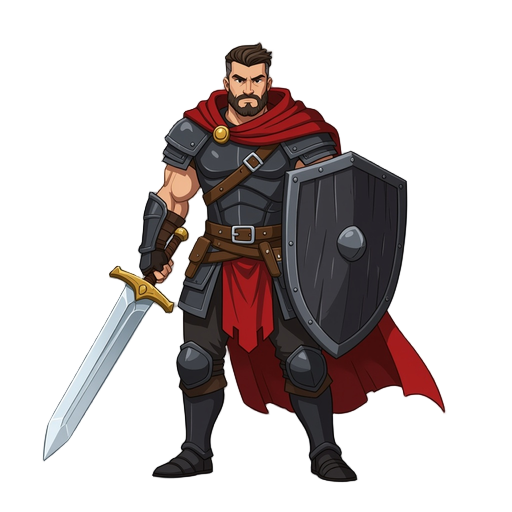  the warrior holding a sword in his left hand and a shield on his right shoulder was wearing black armor and a dark red cloak on his entire back.