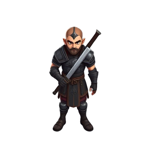 a warrior with no helmet sword in belt with ebony black plate armor