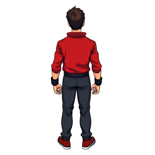 2d anime-inspired male hero seen from behind, bold and thick black line art with sharp edges, vibrant saturated flat colors with strong ccel shading and clear color blocks 
