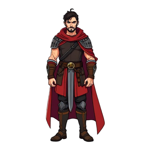2d anime-inspired male hero medieval animé dark european manga , bold and thick black line art with sharp edges, vibrant saturated flat colors with strong cel shading and clear color blocks 