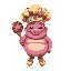 a plump and smiling being, with a chef hat made of candy and snack packs. he carries a large wooden spoon decorated with lollipops and melted chocolates. your skin has vibrant, artificial hues, like those of food dyes.