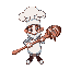 a being with a chef hat.he carries a large wooden spoon decorated with lollipops and melted chocolates.