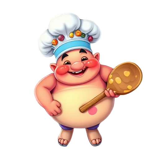 a plump and smiling being, with a chef hat made of candy and snack packs. he carries a large wooden spoon decorated with lollipops and melted chocolates. your skin has vibrant, artificial hues, like those of food dyes.