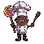 a being with a chef hat.he carries a large wooden spoon decorated with lollipops and melted chocolates.