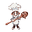 a being with a chef hat.he carries a large wooden spoon decorated with lollipops and melted chocolates.