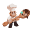 a being with a chef hat.he carries a large wooden spoon decorated with lollipops and melted chocolates.