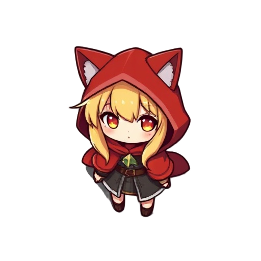 chibi catgirl character, top-down rpg style, blonde hair, wearing a red fantasy cloak with cat ears on the hood