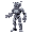 a futuristic metallic humanoid robot with a sleek, silver chrome body. instead of a left hand, it has a built-in laser cannon that glows red. the robot’s eyes are bright blue leds, and its chest has a glowing core. it looks battle-worn, with some scratche