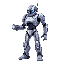 a futuristic metallic humanoid robot with a sleek, silver chrome body. instead of a left hand, it has a built-in laser cannon that glows red. the robot’s eyes are bright blue leds, and its chest has a glowing core. it looks battle-worn, with some scratche