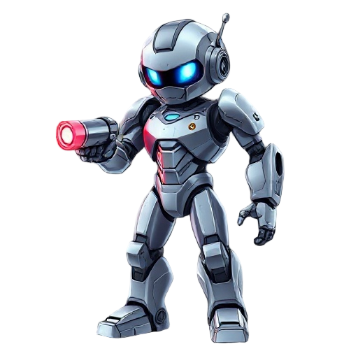a futuristic metallic humanoid robot with a sleek, silver chrome body. instead of a left hand, it has a built-in laser cannon that glows red. the robot’s eyes are bright blue leds, and its chest has a glowing core. it looks battle-worn, with some scratche