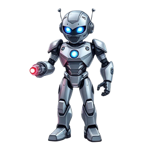 a futuristic metallic humanoid robot with a sleek, silver chrome body. instead of a left hand, it has a built-in laser cannon that glows red. the robot’s eyes are bright blue leds, and its chest has a glowing core. it looks battle-worn, with some scratche