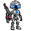 a futuristic metallic humanoid robot with a sleek, silver chrome body. instead of a left hand, it has a built-in laser cannon that glows red. the robot’s eyes are bright blue leds, and its chest has a glowing core. it looks battle-worn, with some scratche