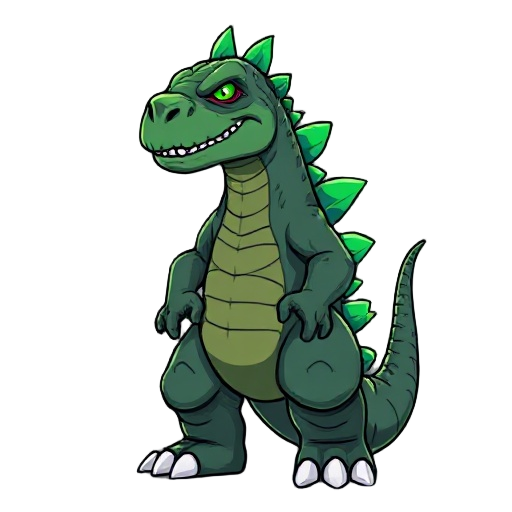 um godzilla com placas verdes, com espinhos verdes e rosas no ombro e no joelho.