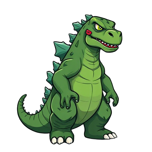 um godzilla com placas verdes, com espinhos verdes e rosas no ombro e no joelho.