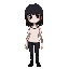 her outfit is mostly black and white; wears a white top and black pants that fit snugly around her body. he has dark patterns on his left arm that resemble tattoos. her hair is black and straight, with bangs that almost completely cover his eyes. a strand