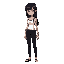 this character is tall and slender. her outfit is mostly black and white; wears a white top and black pants that fit snugly around her body. he has dark patterns on his left arm that resemble tattoos. her hair is black and straight, with bangs that almost