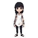 her outfit is mostly black and white; wears a white top and black pants that fit snugly around her body. he has dark patterns on his left arm that resemble tattoos. her hair is black and straight, with bangs that almost completely cover his eyes. a strand