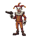 a steampunk clown with gun in a hand