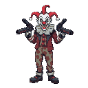 a futuristic clown with guns 
