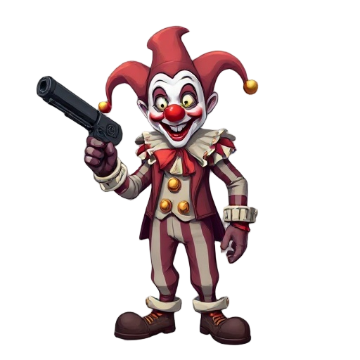 a steampunk clown with gun in a hand