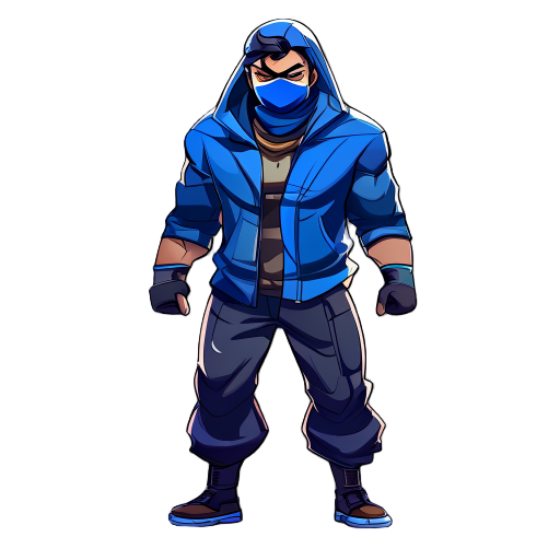 um personagem de luta  com uma jaqueta azul e calça pretas com uma máscara 