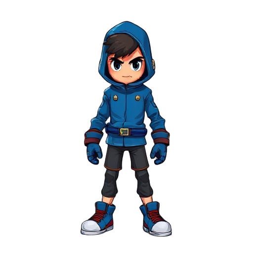 um personagem de luta  com uma jaqueta azul e calça pretas com uma máscara 