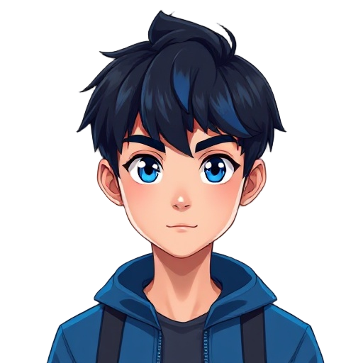 a teen guy. he has dark black hair but front parts are blue also he have middle part hair. he dresses a blue jacket. he has blue eyes