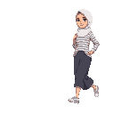 young woman in a white hijab, striped loose shirt, modest long skirt, and running shoes