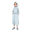 woman wearing a white hijab, a loose light blue and white striped shirt, a long modest skirt, and sporty running shoes
