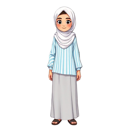 young woman wearing a white hijab, a loose light blue and white striped shirt, a long modest skirt