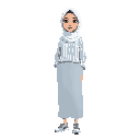 woman wearing a white hijab, a loose light blue and white striped shirt, a long modest skirt, and sporty running shoes