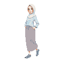 woman wearing a white hijab, a loose light blue and white striped shirt, a long modest skirt, and sporty running shoes