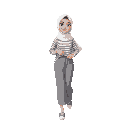 young woman in a white hijab, striped loose shirt, modest long skirt, and running shoes