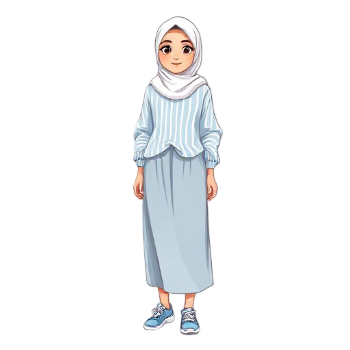 young woman wearing a white hijab, a loose light blue and white striped shirt, a long modest skirt, and sporty running shoes