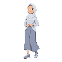 woman wearing a white hijab, a loose light blue and white striped shirt, a long modest skirt, and sporty running shoes