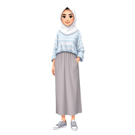 woman wearing a white hijab, a loose light blue and white striped shirt, a long modest skirt, and sporty running shoes