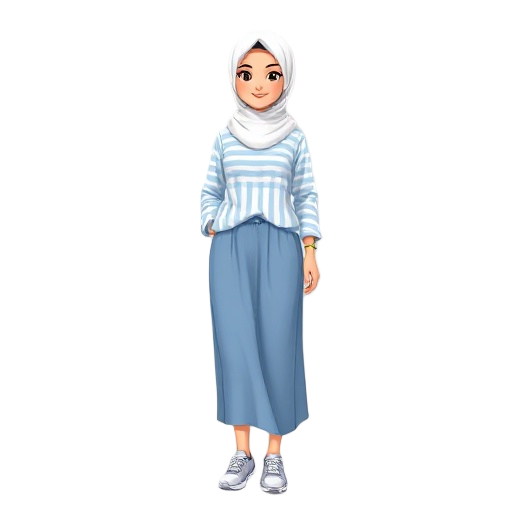 woman wearing a white hijab, a loose light blue and white striped shirt, a long modest skirt, and sporty running shoes