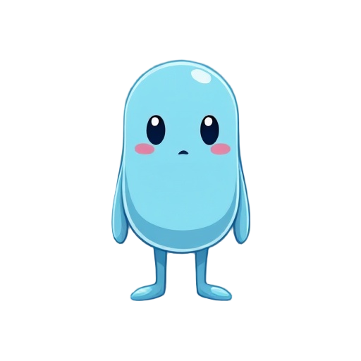 combining different minimalist designs, he creates the protagonist of a 2d video game, which is a miniaturized slime prototype which can change shape, which does not have a mouth but has 2 eyes without pupils, it is light blue, it is expressionless