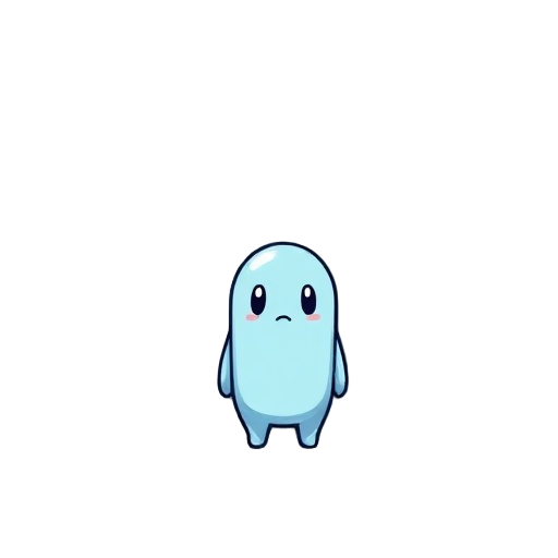 combining different minimalist designs, he creates the protagonist of a 2d video game, which is a miniaturized slime prototype which can change shape, which does not have a mouth but has 2 eyes without pupils, it is light blue, it is expressionless