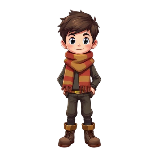 a boy with scarf and boots 
