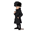 side view of aman in a black trenchcoat wearing an black ushanka his head. he is standing in a fiughting position.