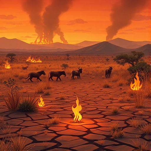 savanna with controlled fires ground of dry cracked grass small flames rising hills in the distance sky orange from the fire wild animals fleeing scared among the vegetation intense fire but open spacious environment dramatic and threatening atmosphere