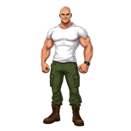 extremely muscular man, mulatto, tall, bald, white t-shirt, green pants and brown soldier boots