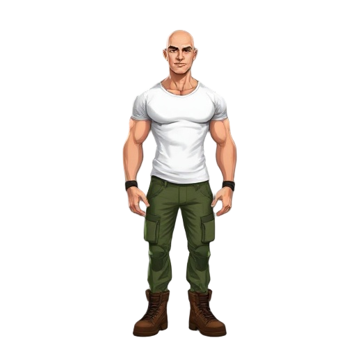 muscular man, bald, white t-shirt, green pants and brown soldier boots