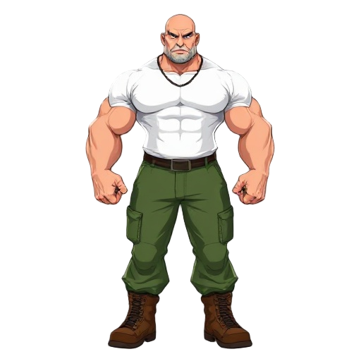 extremely muscular man, tall, bald, white t-shirt, green pants and brown soldier boots