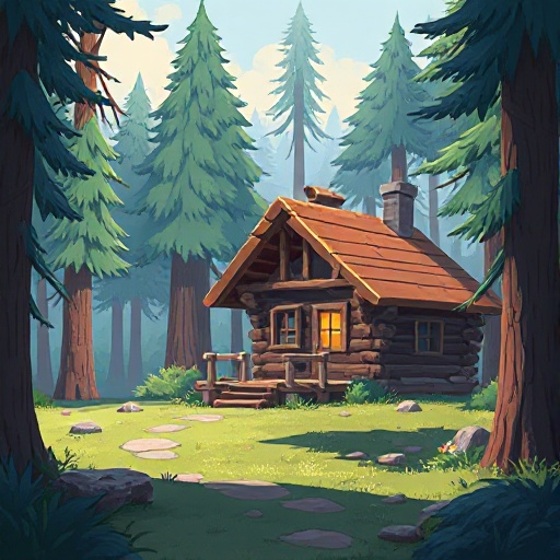 a cabin in the woods and some trees